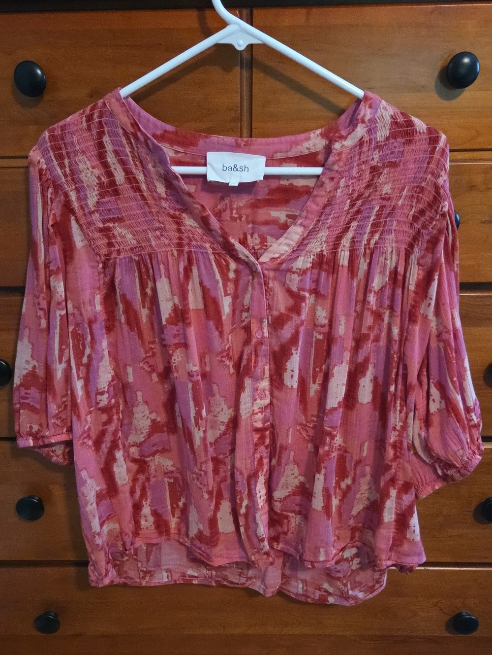 ba&sh Rose-Pink Abstract Print V-Neck Blouse